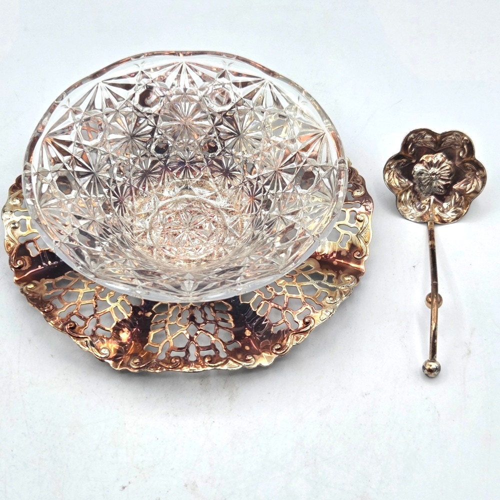 Queen Anne Royal Party Dish w/Spoon Glass Bowl Gold Color‎ Silver Plated England